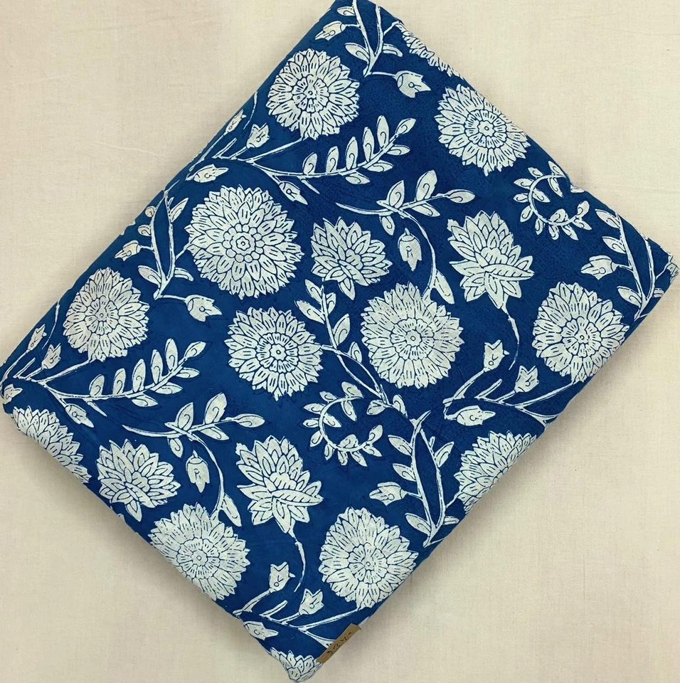 Indigo Blue Hand Made Block Print Cotton Fabric 3 Yard - Image 1 of 1