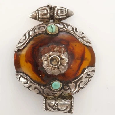 Colgante turquesa plata ámbar tibetano del Himalaya circa 1900 Foto 1 de 4