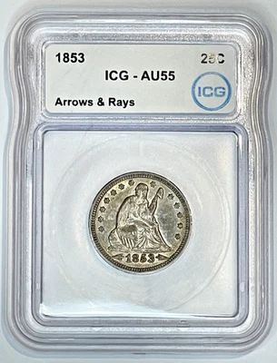 1853 Liberty Seated Quarter Arrows & Rays 25c AU55 ICG ~ Nice Original Coin - Image 1 of 2
