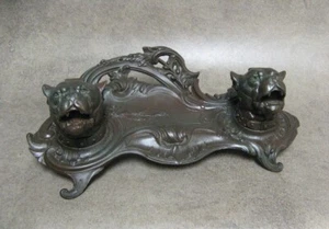 Jugendstil Bronze Patina Spelter Bulldogge Kopf Schreibtisch Tintenfass Glaseinsätze 20. Jh. - Bild 1 von 5