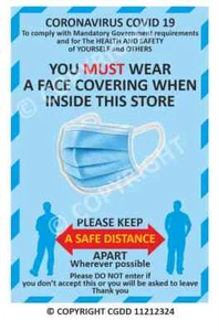 CO VID Social Distancing Tür Fenster Aufkleber Schilder GESICHTSMASKE ABDECKUNG  - Bild 1 von 1