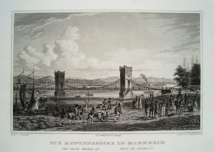 Mannheim Kettenbrücke Rhein Baden-Württemberg echter alter Stahlstich 1844 - Picture 1 of 1