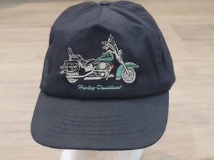 Harley Davidson Cap Hat Leather Strap Black Teal Bike Embroidery Vtg Made In USA - Picture 1 of 10