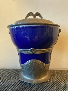 Art Nouveau OSIRIS Pewter c. 1900 Biscuit Jar Cobalt Blue Ceramic Jugenstil #583 - Picture 1 of 22