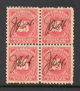 Scott # R213, Used, Block of 4, VF, 25¢ Documentary, Script Cancel, "J. O. H." - Picture 1 of 2