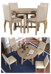 5Piece Dining Set Furniture Extendable Table w/ 4 Upholstered Chairs Solid Wood - Picture 1 of 17