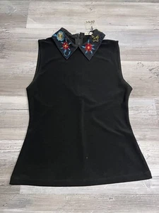 NWT ALICE + OLIVIA Women's Size S Collared Beaded Top Black Sleeveless Zip Back - Picture 1 of 11