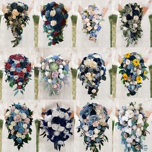 Sola Wood Bridal Cascade Bouquet Wedding Flowers Blue Pink Burgundy Yellow Gray - Picture 1 of 16
