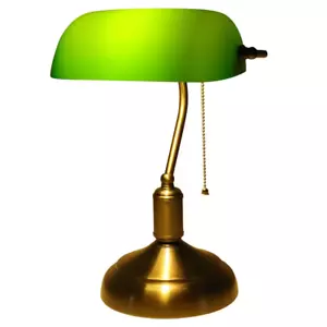 Bankers Desk Lamp 15in Antique Brass Green Glass Shade Adjustable Height Light - Picture 1 of 12