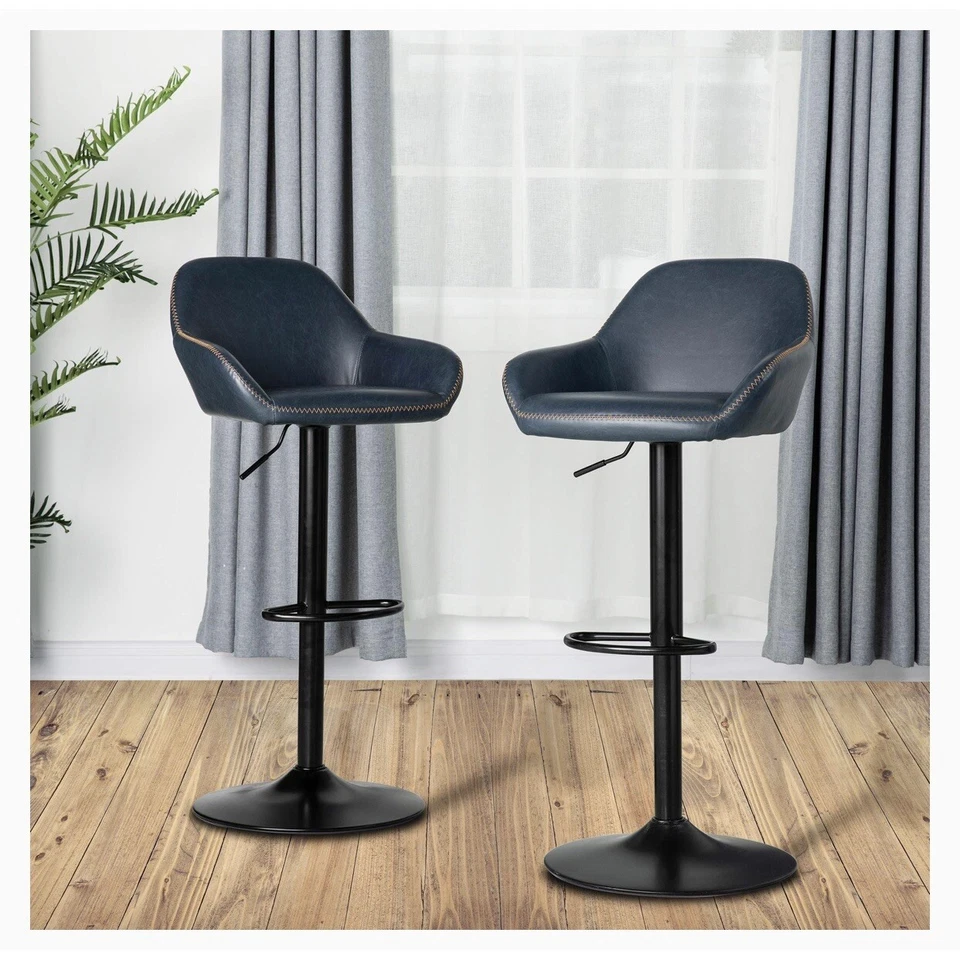 Glitzhome Mid Century Leather Bar Stools Set of 2, Dark Blue - Image 1 of 4