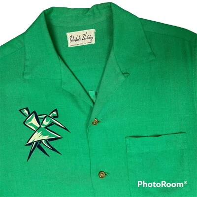 Vtg 50s Waikiki Holiday Silk Rayon HAWAII DANCE Velvet Bowling Loop Collar Shirt - Image 1 of 4