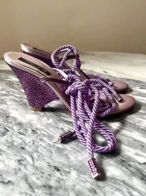 Sergio Rossi Italy Purple Rhinestone Crystal Wedge Heels Wrap Up Size 36 - Image 1 of 4