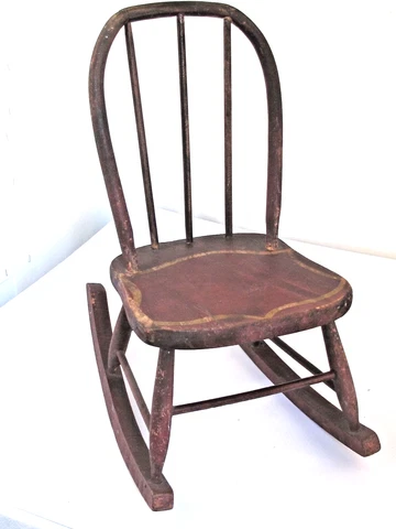 Antique American Childs Rocking Chair Original Red Paint and Yellow Detail Cover