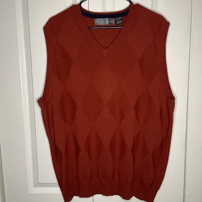 Oscar De La Renta Argyle Sweater Vest Size Large Deep Orange Red Golf Men Cotton - Image 1 of 4