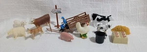 Miniature Farm Animal Toy Set 13 Holstein Cows Sheep Rooster Pig Man On Wagon - Picture 1 of 6