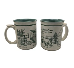 Yellowstone National Park Coffee Mugs Set Of 2 Stoneware Green Elk Bear Falls  - Picture 1 of 11
