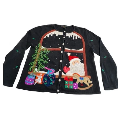 Hampshire Studio Women Snow Cardigan Sweater Christmas Window Scene Santa Large - Image 1 of 4