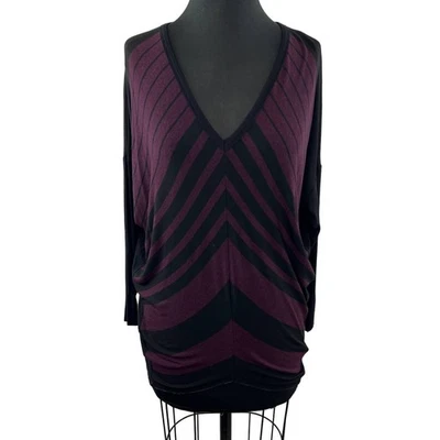 Camiseta túnica Bailey 44 negra púrpura a rayas elástica tejida cuello en V Dolman EE. UU. S Foto 1 de 4