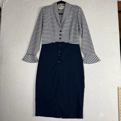 Betty page 60s Dress Vintage Blue Navy Striped Peplem Large Dress Rockabilly - Image 1 of 4