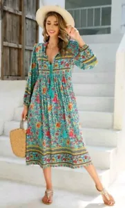 R Vivimos Dress XS 0/2 Midi Mixed Print Tie Front Boho Cottagecore Cowgirl - Picture 1 of 10