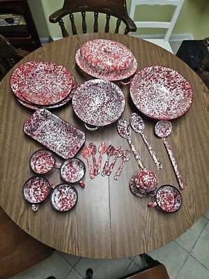 Vintage Set of 25 Pcs Splatterware Enamelware Metal Red White Dinner Blood Look - Image 1 of 4
