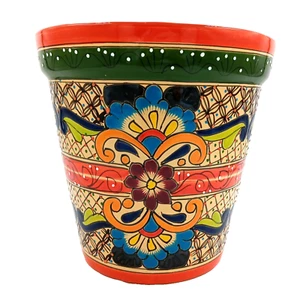 Talavera Pottery Planter Mexican Ceramic Flower Pot Large Orange Green 13in - Picture 1 of 8
