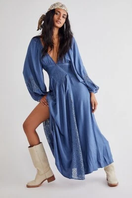 NUEVO MAXI VESTIDO FREE PEOPLE TALLA S ENCAJE SUROESTE EN AZUL Foto 1 de 3