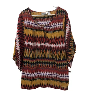 Vintage Blouse Womens Size 3X Red Yellow Zig Zag V Neck Tie Waist 90s Y2K Retro - Picture 1 of 8