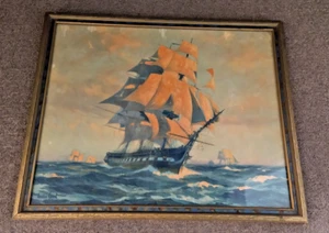 Antik 1927 Gordon Grant Lithographie Druck "Old Ironsides" gerahmt in Glas - Bild 1 von 4