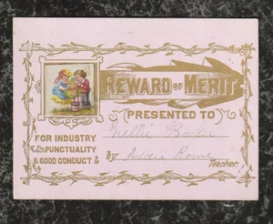 1870s Victorian School Reward of Merit Card & Scrap of Boy & Girl 3x2.25 - Imagen 1 de 2