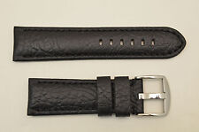 22mm Genuine Leather BLACK  Watch Band padded strap silver tone buckle