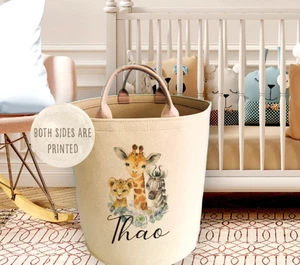 Kids Personalised LARGE storage tube, safari print toy basket, nursery room item - Picture 1 of 2