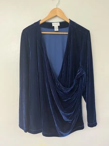 Soft Surroundings Blue Velvet Faux Wrap V Neck Long Sleeve Blouse Top 3X - Picture 1 of 6