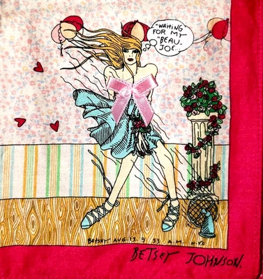 Vintage Betsey Johnson Babe Girl in Blue Dress Waiting For My Beau Joe Art Scarf - Image 1 of 4