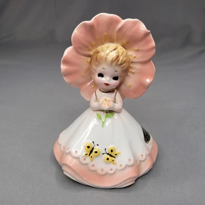 Figura Vintage Josef Originals Niña Flor Rosa Amapola Gorro Mariposas 4.25" Foto 1 de 4