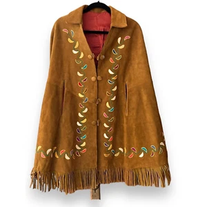 Vintage Cape Leder Fransen bestickt Western Indianer One Size Large - Bild 1 von 15