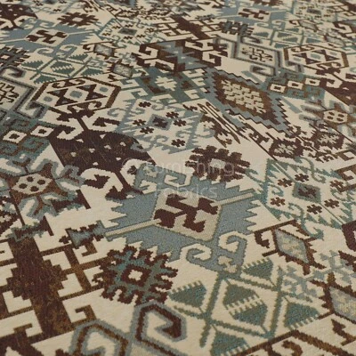 New Traditional Kilim Patchwork Pattern Blue Purple Curtain Upholstery Fabrics - Image 1 of 4