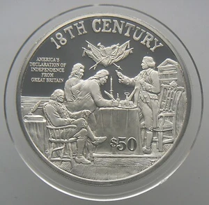 Moneda de $50 de plata esterlina 1997 Islas Cook PRUEBA Declaración de América Independencia - Imagen 1 de 2