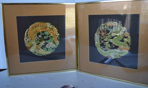 Vintage Paper Cut Dragon Bird Asian Chinese Framed Oriental Wall Lot of 2 Cover