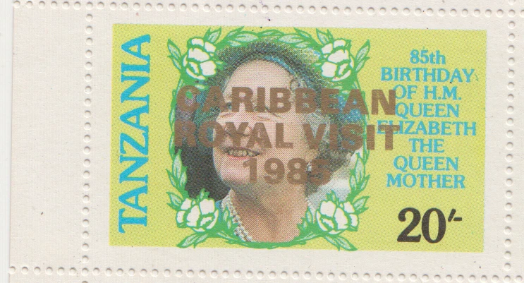 ТАНЗАНИЯ: Марки матери королевы Елизаветы с ошибкой над печатью как новые - филателия - Изображение 1 из 1