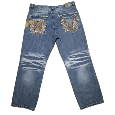 Vintage Miskeen Jeans Mens 40x32 Baggy Y2K Embroidered Aztec Skater Hip Hop - Image 1 of 4