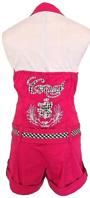 COOGI Pink Belted S/S Button-Front Woven Stretch Cotton Jumpsuit Romper S/M VTG - Image 1 of 4