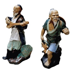 Vintage set of 2 Chinese Shiwan Mud Man musician & fisherman figurines pottery - Picture 1 of 11