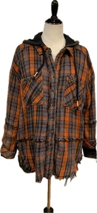Free People Calico Basin Plaid Hoodie Buttondown Grunge Shirt Jacket Small - Picture 1 of 10