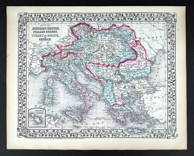 1874 Mitchell Map Austria Hungary Italy Greece Turkey Rome Constantinople Europe - Image 1 of 4