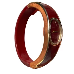 Vintage Lucerne Watch Women Gold Tone Red Cuff Band Swiss MCM - Picture 1 of 6