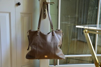 Kooba Tote Handbag Shopper Everette Leather Taupe Gray Zippers Tassels Large - Image 1 of 4