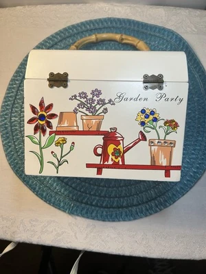 Vtg Wooden Purse With Bamboo Handle.  Hand Painted Bejeweled Garden Party Themed - Image 1 of 4