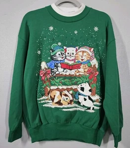 VTG Nutcracker Christmas Sweater XMAS Cats Kittens Ugly Sweater Green Woman Sz L - Picture 1 of 9