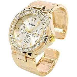 Gold Geneva Crystal Bezel Women's Fancy Bangle Cuff Watch - Picture 1 of 3